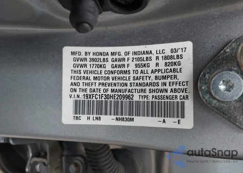 2017 Honda Civic Ex-T из США, поврежденный, VIN 19XFC1F30HE209962